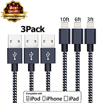 iPhone Cable Charger Usb Lightning Cable Cord Compatible With iPhone 7 7 Plus 6 6s 6 plus 6s plus,iPhone 5 5s 5c,iPad iPod 3Pcs 3ft 6ft 10ft Nylon Braided (Black-silver white)