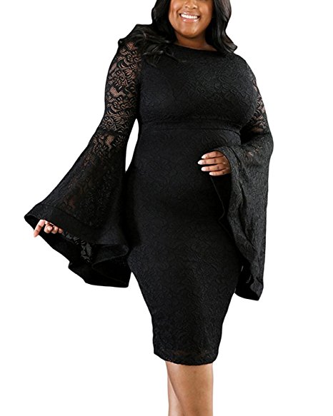 Daci Women's Plus Size Bell Sleeves Lace Sexy Bodycon Wedding Cocktail Party Dress