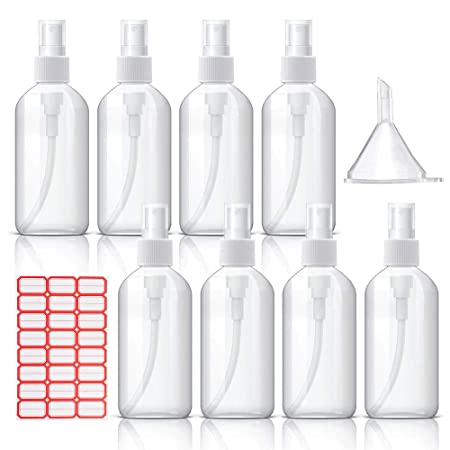 Squish 8Pcs Plastic Spray Bottle, 8.5oz/250ml Empty Portable Refillable Makeup Clear Sprayer Bottle with Fine Mist Sprayer for Perfume, Essential Oils, Liquids, Travel Size (Transparent)