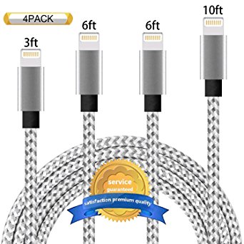 Aonsen Lightning Cable 4Pack 3FT 6FT 6FT 10FT Nylon Braided Certified iPhone Cable USB Cord Charging Charger for Apple iPhone 7, 7 Plus, 6, 6s, 6 , 5, 5c, 5s, SE, iPad, iPod Nano, iPod Touch (white)