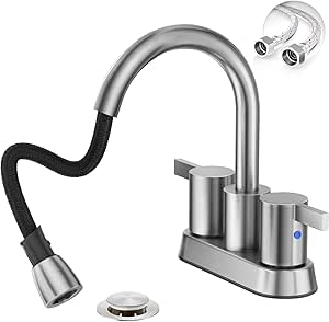 Phiestina Pull Down Sprayer Brushed Nickel Bathroom Faucet, 4 Inch 2-3 Hole Centerset Pull Out Bathroom Sink Faucet，with 360 Swivel Spout, Metal Pop-Up Drain & cUPC Water Supply Lines, BF04011-K01-GBN