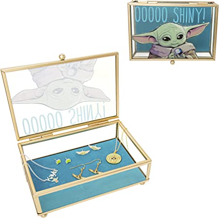 Star Wars The Mandalorian Grogu "OOOOO SHINY!" Gold Trim Glass Jewelry Box, Officially Licensed