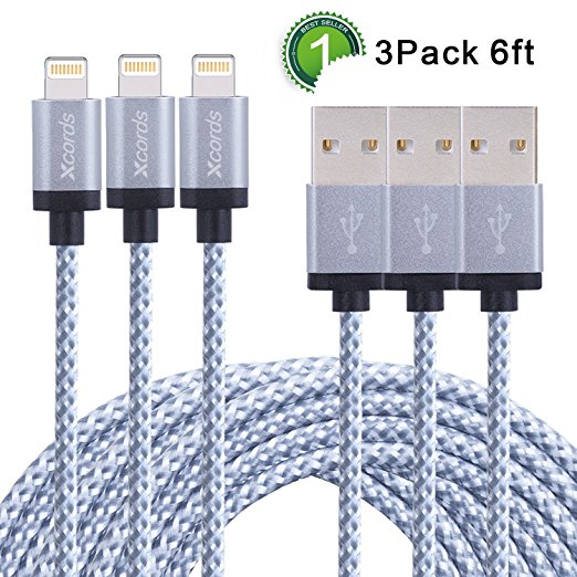 Xcords(TM) 3Pack 6Ft Nylon Braided 8 Pin Lightning to USB Cable Data Syncing Cord Compatible with iPhone 7/ 7 Plus/6/ 6 Plus/ 6s/ 6s Plus /5/5s/5c/SE/iPad/iPod/Beats Pill (White)