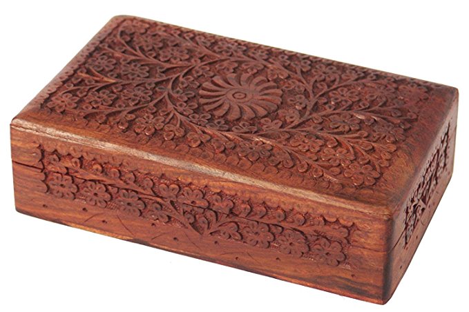 Store Indya Exotic Hand Carved Wooden Keepsake Jewelry Trinket Box Storage Organizer with Floral Patterns & Velvet Interior