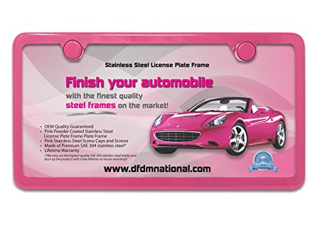 Powder Pink Stainless Steel License Plate Frame – Premium Stainless Steel (SAE 304) Kit, Includes Screws, Fasteners, Caps, and Foam insulation - Anti-Theft Model - 2 Hole Bracket - DFDM National