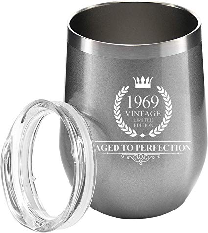 1969 50th Birthday Gifts for Women or Men 12 oz Wine Tumbler Stainless Steel Double Wall Insulated Unique Gift for Her or Him Husband Wife Mom Dad Vintage Aged to Perfection with Lid (Grey)