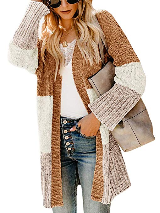 Ferbia Women Color Block Cardigan Open Front Long Sleeve Sweaters Chenille Chunky Loose Baggy Oversized Knit