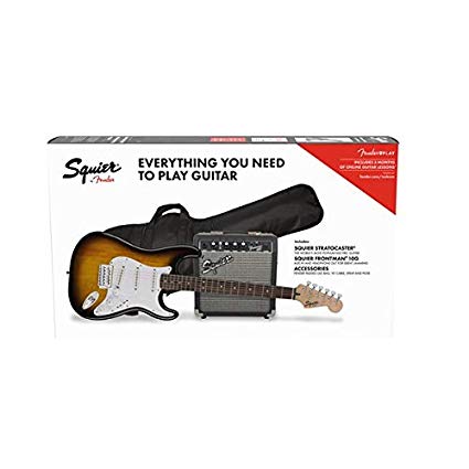 Squier by Fender Stratocaster Beginner Pack, Laurel Fingerboard, Brown Sunburst, with Gig Bag, Amp, Strap, Cable, Picks, and Fender Play