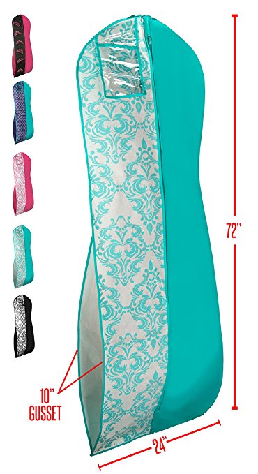 Gusseted Garment Bag - For Prom Dresses and Bridal Wedding Gowns - Travel Folding Loop, ID Window - 72" x 24" -Tiffany Blue and White - Panel Print Collection by Your Bags