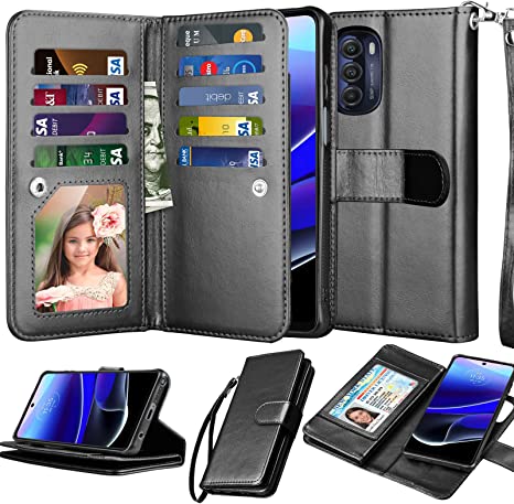 Njjex Wallet Case for Motorola Moto G Stylus 2022 5G, for Moto G Stylus 2022 5G Case, [9 Card Slots] PU Leather Credit Holder Folio Flip [Detachable] Kickstand Magnetic Phone Cover & Lanyard [Black]
