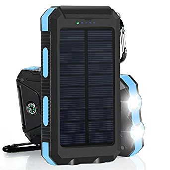 Eachbid Solar Power Bank,12000mAh Solar External Battery Charger,Shockproof Dustproof Waterproof Double USB   Solar charger   Dual LED lights with Carabiner Compass Hook,Blue