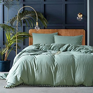 YEVEM Washed Cotton Full Queen 3 Piece Solid Green Duvet Cover Set with Pom Pom Zipper Closure Simple Bedding Set(1 Comforter Cover 2 Pillowcases)