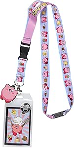 Kirby Pink Hero Reversible ID Lanyard Badge Holder with Rubber Kirby Charm and Collectible Sticker