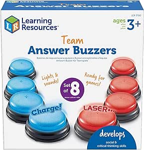 Learning Resources Buzzers de réponse d’équipe, 4 buzzers rouges et 4 buzzers bleus, 2 sons différents, pour les jeux en classe et à la maison, à partir de 3 ans