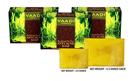 Tea Tree Anti-Acne Soap (DOUBLE SIZE) - Handmade Herbal Soaps ALL Natural - Best Natural Skin Moisturizer - Made with 100% Aromatherapy Oils - Each 150 Grams 5.3 Oz - Pack of 3 (1 Lb) - Vaadi Herbals
