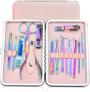 Nail Clippers Set,15 in 1 Professional Colorful Manicure&Pedicure Kit,Stainless Steel Grooming Kit Include Cuticle Trimmer Eyebrow-Scissors and Ear-pick,with Luxury Portable Case for Men&Women