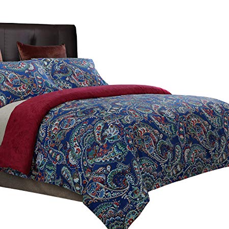 NTBAY 3 Pieces Duvet Cover Set Brushed Microfiber Paisley Printed Pattern Reversible Design with Hidden Zipper, Blue and Red, King Size