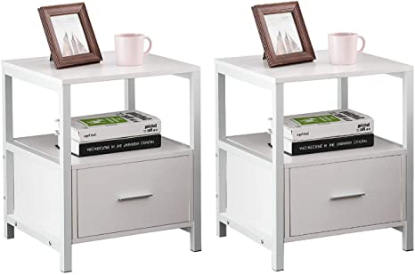 VECELO Nightstand Set of 2 with Drawer Modern Square End Side Table for Storage in Bedroom, Living Room, Small Space, Stabl Metal Frame, 2 Pack, White