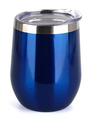 SUNWILL Insulated Wine Tumbler with Lid (Glass Blue), Stemless Stainless Steel Insulated Wine Glass 12oz, Double Wall Durable Coffee Mug, for Champaign, Cocktail, Beer, Office use