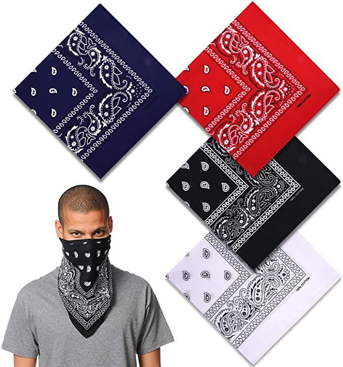 Bandanas 4 Pack for Men Women, 100% Cotton Large Paisley Handkerchief Face Scarf,161A-1