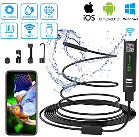 Wifi Endoscope Camera, USB Endoscope Inspection Camera IP68 Waterproof Wireless Borerscope 2.0 Megapixels 1200P HD Snake Camera with 8 LED Lights for Android, iPhone，IOS, Samsung, MAC, Laptop, Windows