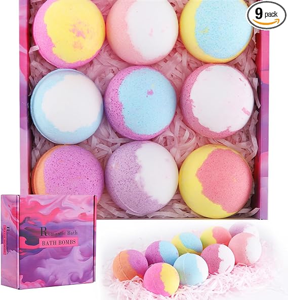 Romantic Bath Bombs Gift Set, 9 Pack Organic Bath Bombs，with Natural Essential Oils, Wonderful Fizz Effect Bath Gift for Women Men Kids, Stocking Stuffers, Christmas Gifts for Him/Her