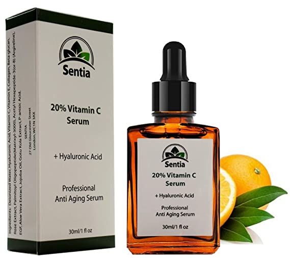 Sentia BEST Vitamin C skin serum for Face & Neck. Contains some of the Finest Natural Anti Ageing Ingredients. 20% Vitamin C + + Amino + Collagen. Regain a more Youthful Appearance. Moisturises & provides a Radiant Glow. Plumps & Tightens your skin to give a Younger Look. Fades age spots & Sun Damage. You will Simply Love this Anti-Aging serum. 100% Satisfaction