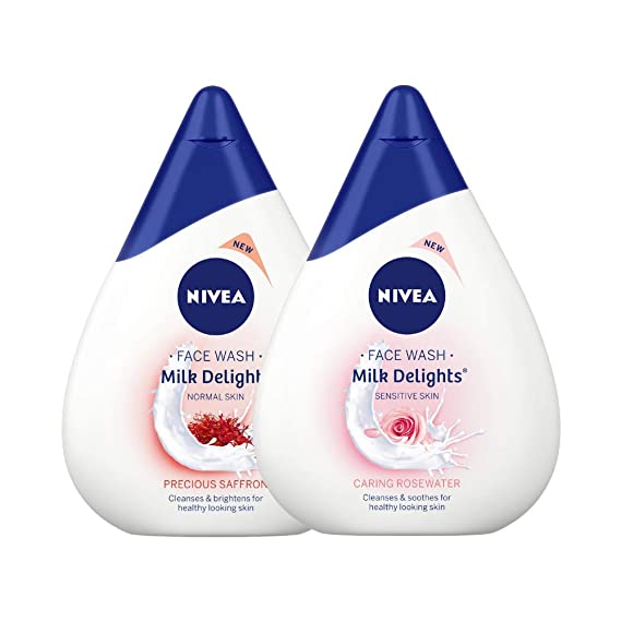 NIVEA Face Wash, Milk Delights Precious Saffron, Normal Skin, 50ml And NIVEA Face Wash, Milk Delights Caring Rosewater, Sensitive Skin, 50ml