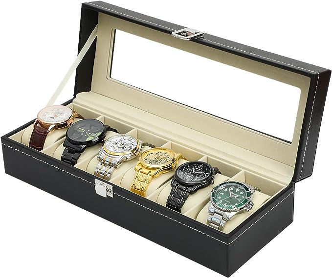R.SHENGTE Watch Organizer Case，6 Slots Leather Watch Box with Real Glass Window,Jewelry Storage Display Case for Women Men Father Husband Boy Friend
