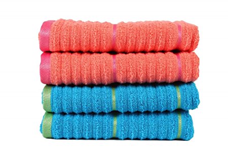 Casa Copenhagen Linea Ribbed Zero twist Cotton 4-Pieces Hand Towels Combo, Fusion Coral & Hwain Ocean