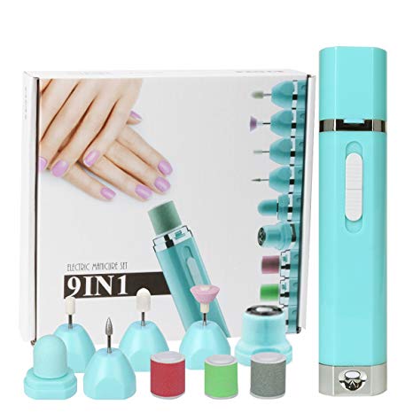 AziPro 9-in-1 Battery Operated Nail Drill Multifunctional  Electric Manicure and Pedicure Set, Nail Drill Nail Buffer Polisher for Hands and Feet to Easily File, Buff and Shine Fingernails Toenails (Blue)