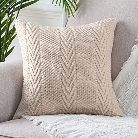Mandioo Cotton Knitted Decorative Throw Pillow Covers Soft Cozy Outdoor Cushion Cases Luxury Modern Pillowcases for Couch Sofa Bed 16x16 Inches Beige
