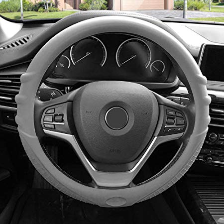 FH Group FH3003GRAY Gray Steering Wheel Cover (Silicone W. Grip & Pattern Massaging grip Gray Color-Fit Most Car Truck Suv or Van)