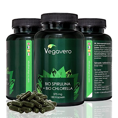 Organic Spirulina   Organic Chlorella | 180 Capsules, 375mg Bio Spirulina   Bio Broken Cell Wall Chlorella per Capsule | Powerful Antioxidant, Ultimate Superfoods | VEGAN by Vegavero