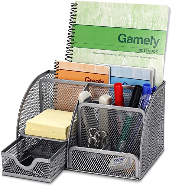 Flexzion Desk Organizer Office Supplies Accessories Desktop Tabletop Sorter Shelf Pencil Holder Caddy Set - Metal Mesh with Drawer and 6 Compartments (Silver Gray)