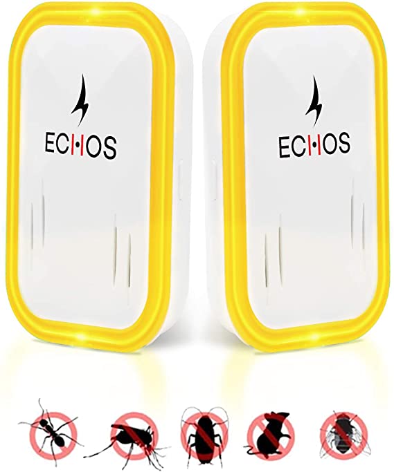 Echos [ NEW 2020 Ultrasonic Pest Repeller - Mouse & Rat Control - Insect & Rodent Repellent For Mosquitos, Flies, Wasps, Ants, Spiders, Bed Bugs, Fleas, Roaches, Rats, Mice (2 Pack) (Yellow)