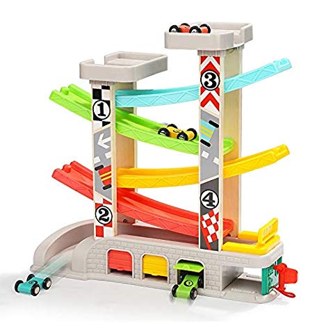 TOP BRIGHT Toddler Toys Car Race Tracks for Boys - 2 3 Year Old Gifts - Car Ramp Racer Playset with 4 Wooden Cars Mini Racers, Gas Station, Auto Repair Shop & 2 Car Parking Garage