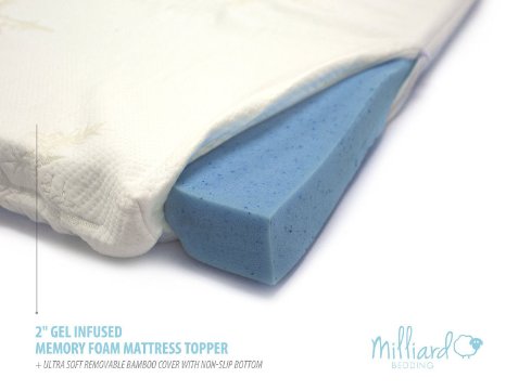 MILLIARD 2" Gel Infused Memory Foam Mattress Topper   Ultra Soft Removable Bamboo Cover with Non-Slip Bottom Queen 78"x58"x2"