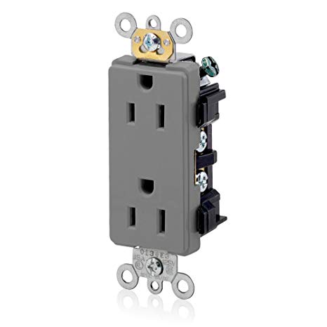 Leviton 16252-GY 15 Amp, 125 Volt, Decora Plus Duplex Receptacle, Straight Blade, Commercial Grade, Self Grounding, Gray