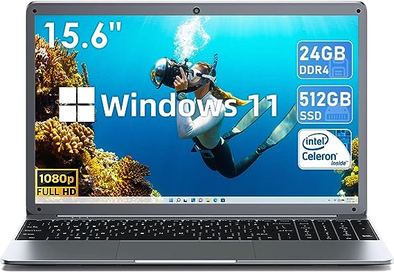 SGIN 15.6 Inch Laptop Windows 11, 24GB RAM 512GB SSD Storage, Celeron N5095 Processor(Up to 2.9GHz), PC Notebook with 1920 * 1080 IPS, 2xUSB 3.0, Dual Band WiFi, Expandable Storage 1024GB (Grey)