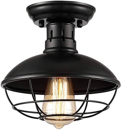 【Upgraded】ZOOSSI Cage Light Fixtures Black, Metal Cage Ceiling Light Semi Flush Mount E26, Industrial Vintage Rustic Light Farmhouse for Porch Foyer Kitchen Entryway, Industrial Ceiling Light Pendant