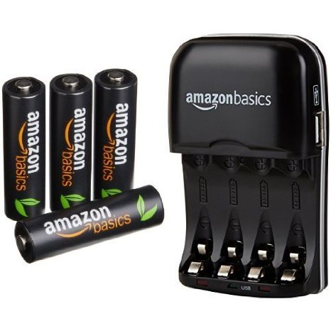 AmazonBasics AA High-Capacity Rechargeable Batteries (4-Pack) and Ni-MH AA & AAA Battery Charger With USB Port Set