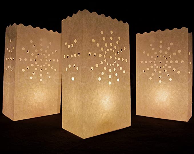 CleverDelights White Luminary Bags - 50 Count - Sunburst Design - Wedding Party Christmas Holiday Luminaria