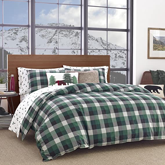 Eddie Bauer | Birch Cove Collection | 100% Cotton Soft & Cozy Premium Quality Plaid Duvet Cover Matching Sham, 2-Piece Bedding Set, Machine Washable, Twin, Dark Green