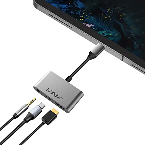 MINIX Type-C to 3.5mm Audio Headphone Jack Adapter with 4K @ 60Hz HDMI and USB-C PD Charging - Compatible with macOS, iPadOS, Android OS and Windows OS.（NEO C-HA (Space Gray)