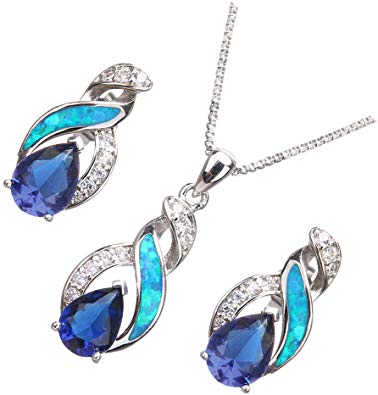 Hermosa Opal Jewelry Set Women Pendant Necklace Stud Earrings Sapphire Rainbow Mystic Topaz with 18" Chain