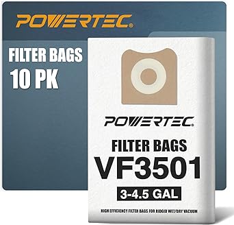 POWERTEC 10PK VF3501, WS32045F Replacement Bags for Ridgid & Workshop 3-4.5 Gallon Wet/Dry Vacs, Fits WD40500, WD40700, WD40501, WD45500, WD45220 (75017-P2V)