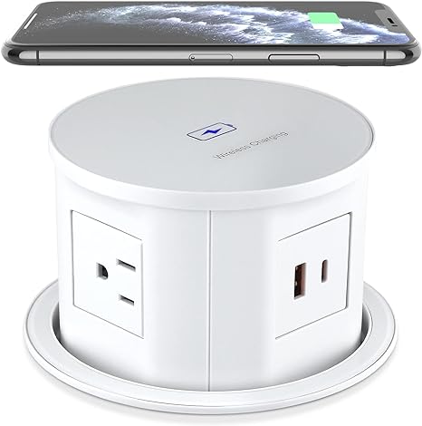 VILONG Automatic Pop Up Countertop Outlet with 15W Wireless Charger, 3 AC Outlets, PD 18W Fast Charging, 2 USB A, and 2 USB C Ports, 4.75 Inch Desk Power Grommet for Office, Conference, Kitchen