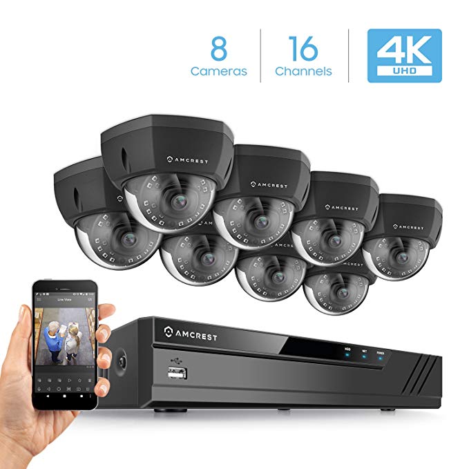 Amcrest 16CH 4K Security Camera System w/H.265 4K (8MP) NVR, (8) x 4K (8-Megapixel) IP67 Weatherproof Metal Dome POE IP Cameras (3840x2160), 2.8mm Wide Angle Lens, 98ft Nightvision (Black)