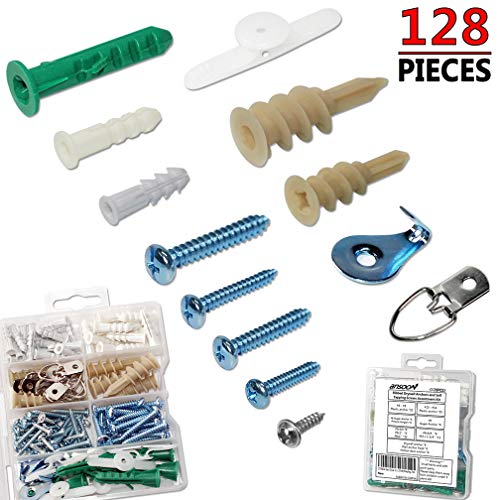 Ansoon Plastic Self Drilling Drywall and Hollow-Wall Anchor and Screw Assortment Kit, Anchors, Screws, Wall Anchor Hooks, and Toggle Bolts All 128Pcs